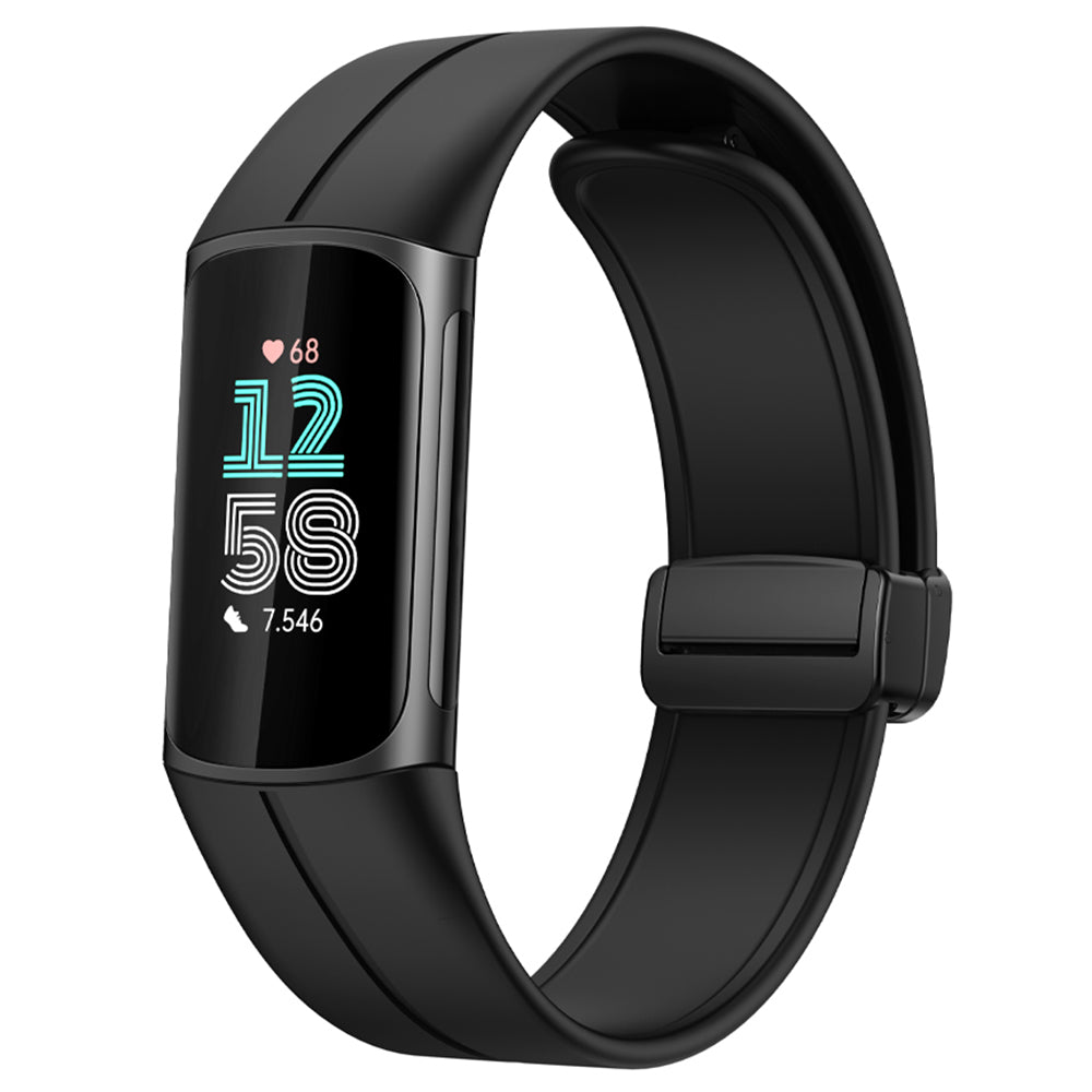 For Fitbit Charge 5 / Charge 6 Watch Strap Magnetic Silicone Band - Black For Fitbit Charge 5 / Charge 6 Watch Strap Magnetic Silicone Band - Black